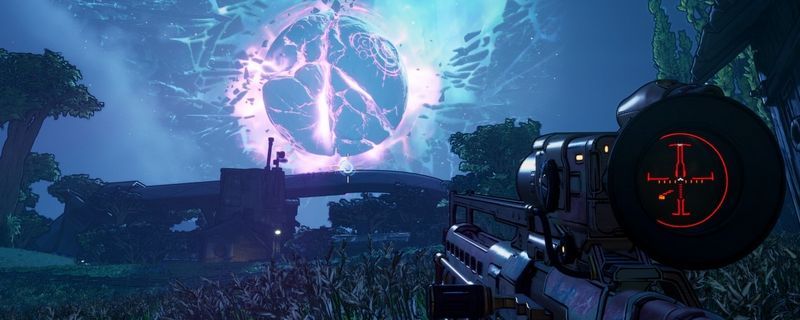 《无主之地4》中锻造骑士亚蒙手持瓶装闪电进行蓄力攻击，电光四溅，周围敌人被连锁雷击击飞