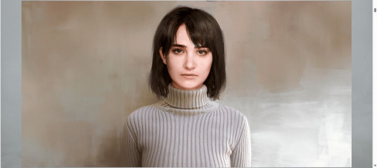 安吉拉穿着撕裂校服低头站立的设计图，背景为昏暗走廊