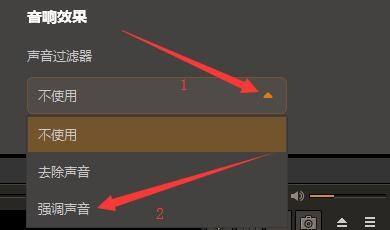 GOMPlayer声音过滤器下拉菜单中‘强调声音’选项被选中