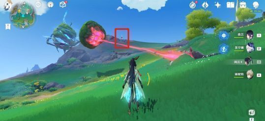 角色展开风之翼准备滑翔，目标为对面山体洞穴入口