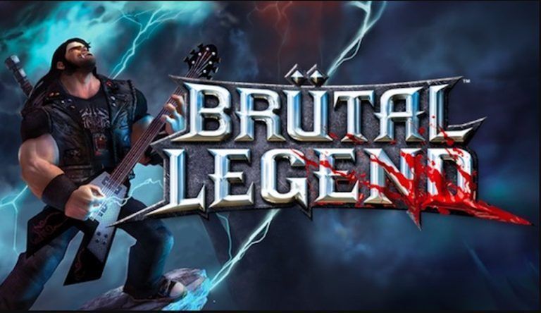 《野兽传奇》游戏画面，主角埃迪·里格斯手持电吉他作为武器，在充满重金属风格的幻想战场上与怪物激烈战斗，背景为熔岩裂谷与巨型雕像