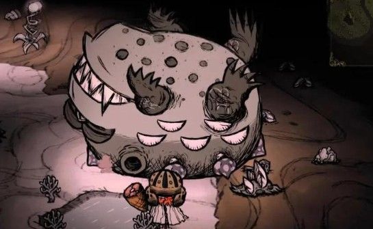 玩家角色手持冰冻法杖对毒菌蟾蜍发起攻击，地面布满爆炸痕迹与彩色蘑菇残骸，战斗痕迹明显