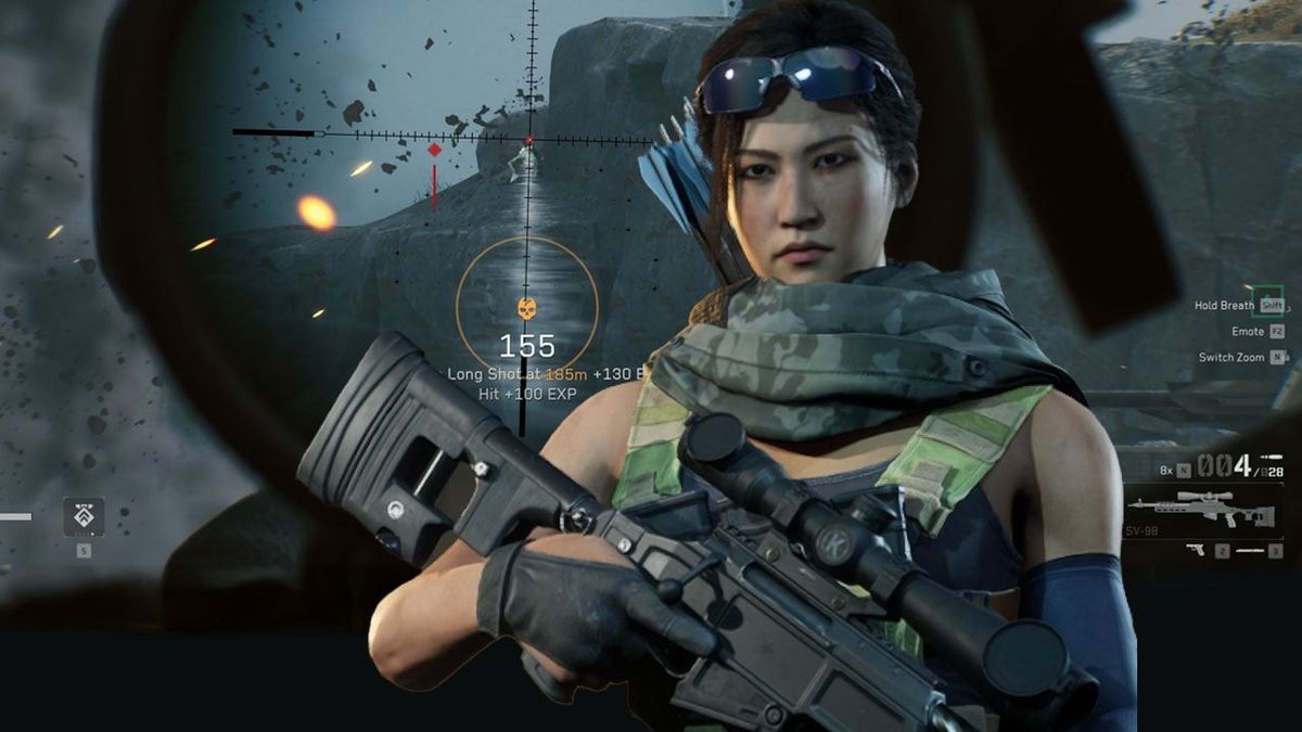 游戏截图展示角色在废墟中持枪警戒，远处烟雾弥漫，战场气氛紧张