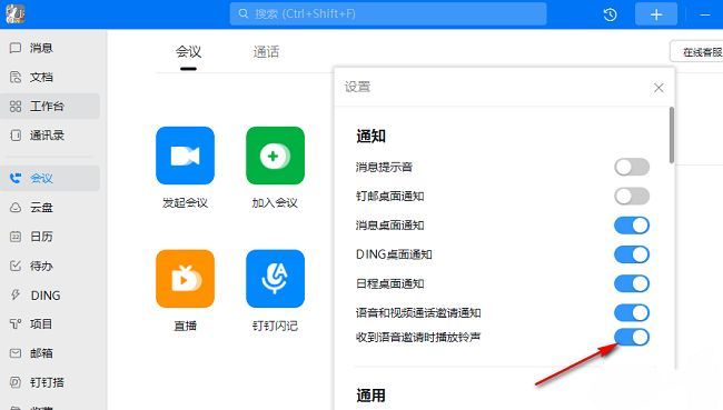 钉钉设置页面中‘收到语音邀请时播放铃声’开关开启状态截图