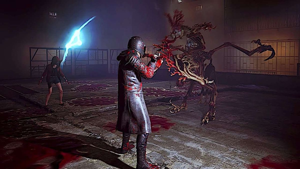 《野狗子》游戏宣传图，画面中一名角色站在昏暗森林小径上，远处有模糊的人形剪影，整体氛围压抑恐怖