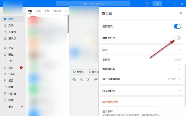 钉钉设置页面中消息免打扰开关已开启，显示蓝色高亮状态