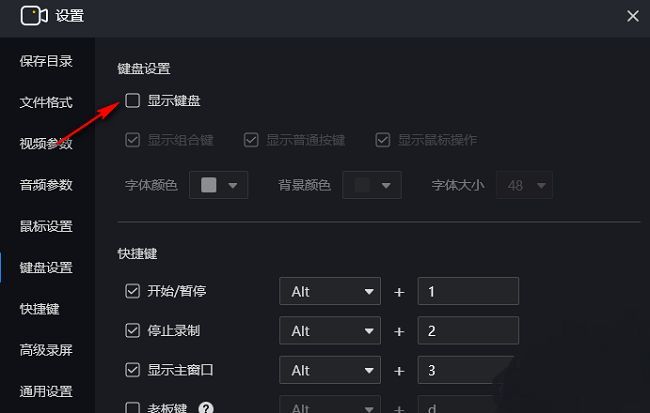 设置界面中‘显示键盘’已被勾选，光标指向下方‘显示组合键’选项