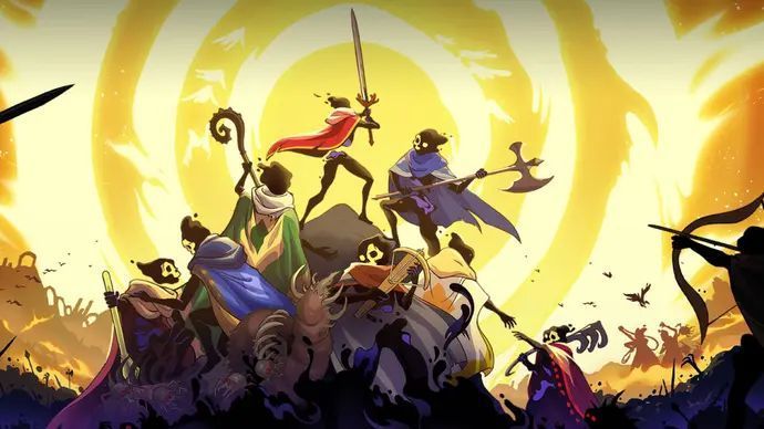 《33 Immortals》游戏宣传图，展现33名角色共同对抗巨型Boss的壮观战斗场面