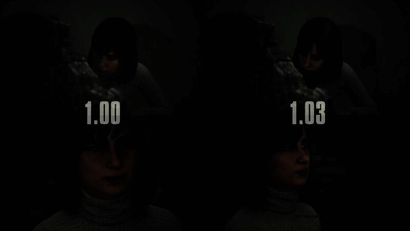 《寂静岭2：重制版》两个版本中安吉拉过场动画对比图，左侧为1.00版本，右侧为1.03版本，眉形和镜头角度差异明显