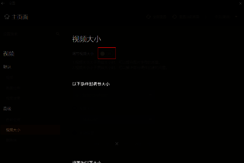 GOMPlayer设置项中‘调节视频大小’开关已打开，显示启用状态