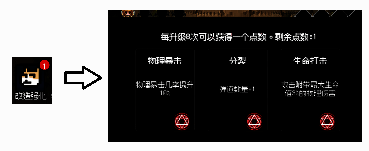 改造系统界面展示，多个改造选项呈扇形排列，每个选项附带图标与简要说明，视觉冲击力强