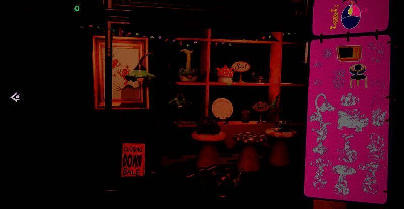 角色试穿复古连衣裙，站在镜子前比对造型，背景是堆满衣物的更衣室