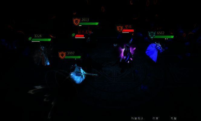 地宫战斗实录画面，角色正在围攻一名巨型Boss，四周散落着被击败的小怪尸体