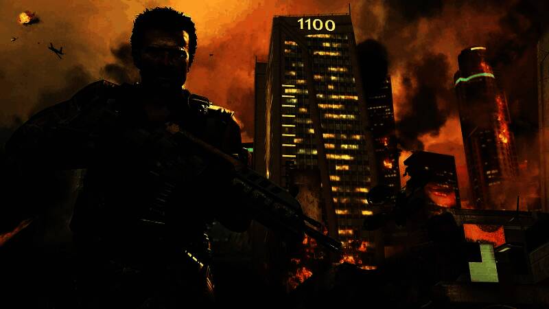 《使命召唤2025》概念图展示未来城市战斗场景，高楼林立，空中无人机穿梭，士兵装备高科技外骨骼作战