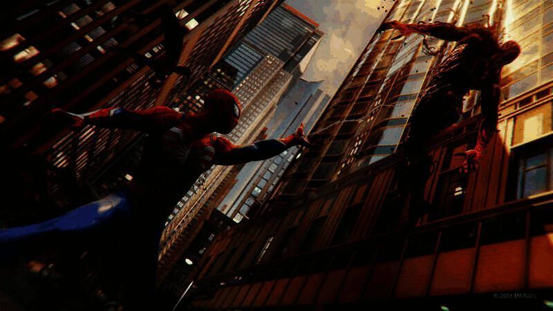 彼得·帕克身穿黑色共生体战衣在高楼间高速摆荡，身后闪电划破夜空