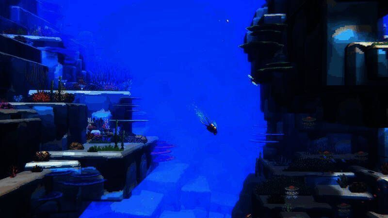 《潜水员戴夫》游戏画面，主角戴夫身穿潜水服在海底探索，周围鱼群游动，光影效果逼真