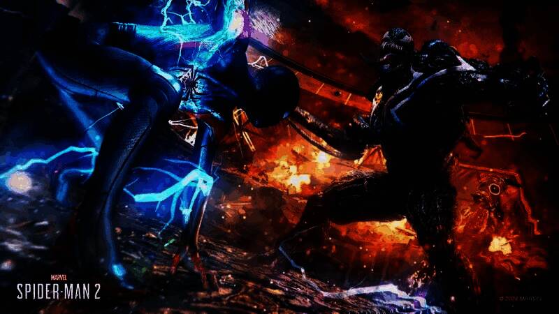 《漫威蜘蛛侠2》游戏画面展示主角在纽约城市上空高速摆荡，背景可见反派角色对峙场景