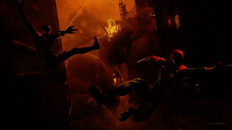 《漫威蜘蛛侠2》PC版宣传图，蜘蛛侠双主角并肩站在纽约高楼顶端，城市夜景璀璨夺目