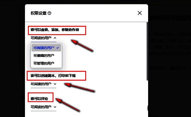 权限设置弹窗界面展示，包含多种权限模式选择和链接分享开关