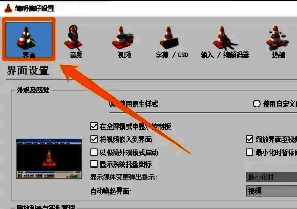 偏好设置窗口中'界面'选项卡被选中，下方相关设置项清晰可见