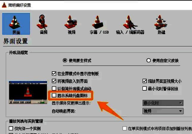 界面设置中'显示系统托盘图标'复选框已被勾选，高亮显示其位置
