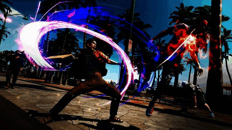 真岛使用‘狂犬’风格进行高速连击，动作流畅且充满力量感，周围敌人纷纷倒地