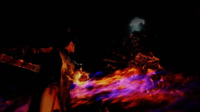 主角挥舞燃烧重斧击退敌人的战斗画面，火焰特效炫目