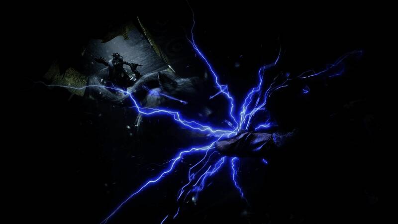 九天落雷法术释放瞬间，天空电光闪烁，地面爆炸火光四溅