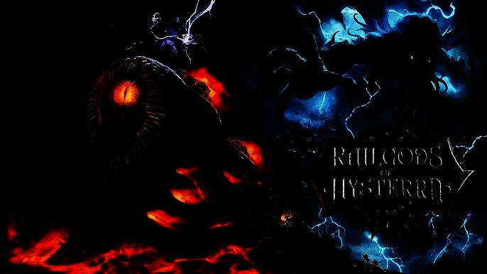 《海斯特拉的铁路之神》主视觉图，展现一列融合血肉与机械的怪异火车行驶在阴云密布的废土之上，背景隐约可见巨大的触手状结构