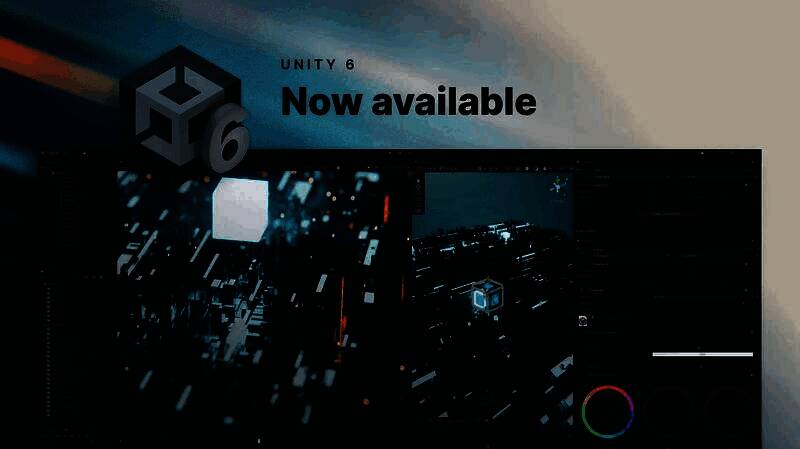 Unity 6发布会现场截图，屏幕上展示引擎新功能演示画面，团队成员集体庆祝发布成功