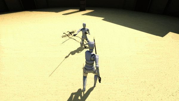 游戏中一名角色被刺中腿部动脉，鲜血喷涌并单膝跪地挣扎，另一名对手趁机逼近