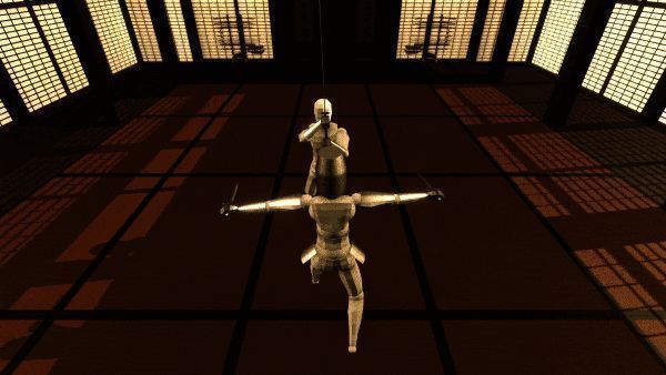 两名角色交战，其中一人用短匕首从腋下缝隙刺入，成功击倒身穿全身铠甲的对手