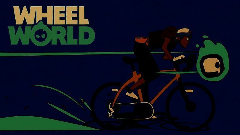 《轮世界》游戏主视觉图，主角Kat骑着发光的机械自行车穿越未来感十足的城市赛道，背景充满霓虹光影与悬浮赛道