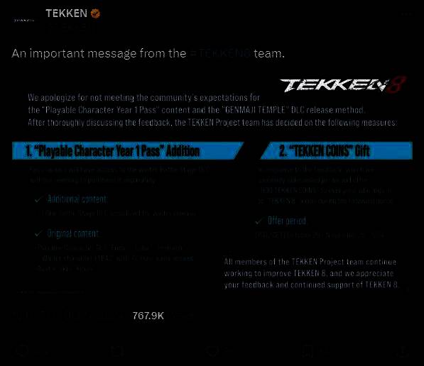 《铁拳8》官方推特发布的道歉声明截图，文字用英文书写，提及对DLC内容未能满足期望的歉意