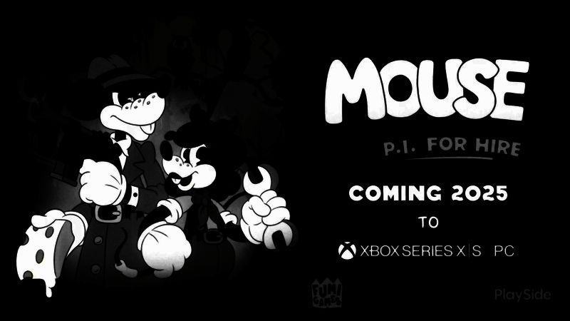 《MOUSE: P.I. For Hire》Xbox宣传片截图，主角Jack Pepper身处黑白风格城市中，手持手枪准备战斗