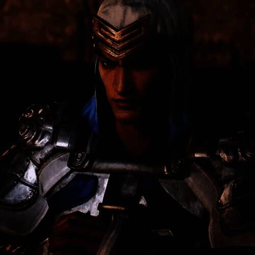 徐晃身穿银白相间的重型铠甲，手持巨斧站立于战场废墟之中，眼神坚毅，身后硝烟弥漫，展现其作为顶级将领的压迫感