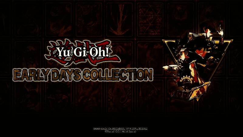 《游戏王：早期合集》官方宣传图，画面呈现经典卡牌对决场景，背景融合多款收录游戏的标志性元素