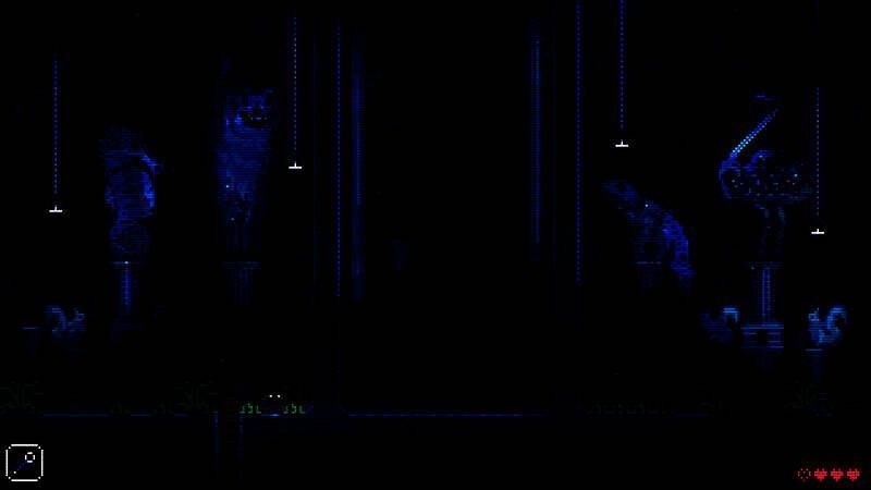 角色使用钩爪攀爬垂直岩壁，上方隐约可见出口亮光