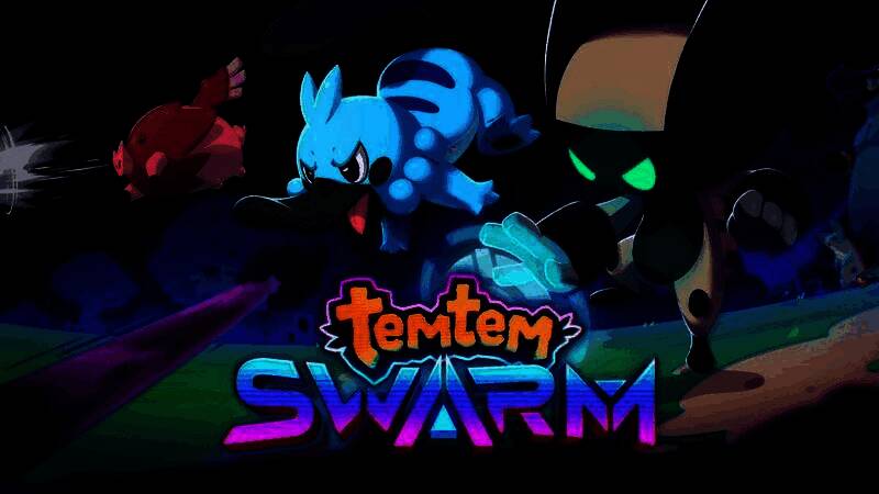 《腾兽：蜂群》游戏主视觉图，展示主角与多种腾兽并肩作战的壮观场面，背景充满动态弹幕特效