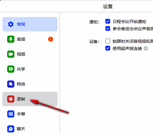 飞书设置界面左侧列表包含录制选项，当前已选中