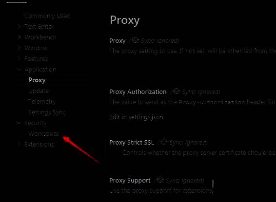 VSCode设置页面左侧栏，Workspace选项被选中并突出显示
