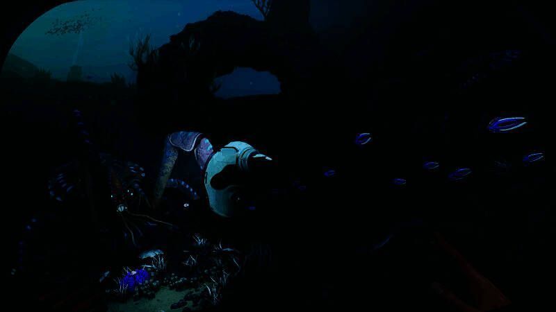 玩家操控小型潜水器穿越狭窄岩缝，上方岩石布满荧光苔藓