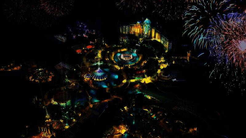 奥兰多环球影城超级任天堂世界概念图，色彩缤纷的蘑菇王国建筑群与标志性的绿色管道交相辉映，游客在园区内兴奋互动