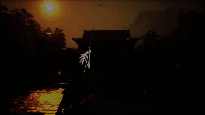 主角在悬崖边挥剑斩击飞行怪物，背景是血色黄昏下的古城