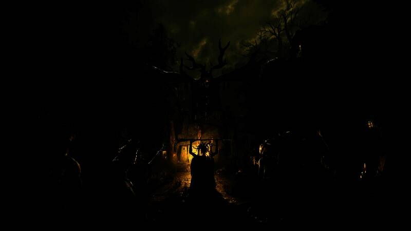 游戏世界观展示图：金色浓雾笼罩废墟城市，远处巨大神像断裂倒地，散发诡异光辉