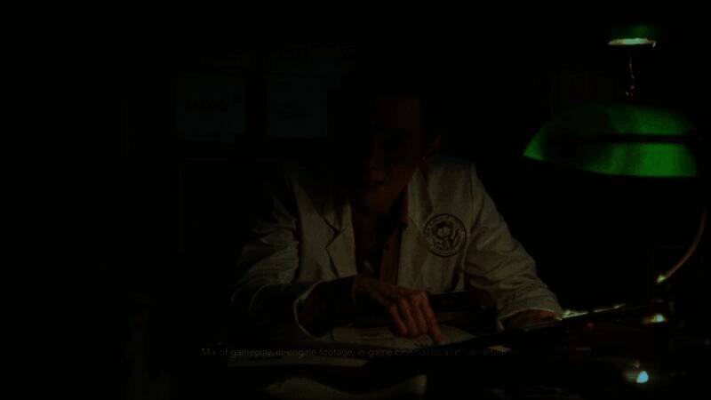 湖边小屋内部昏暗走廊，墙壁布满裂痕与神秘符号，灯光闪烁不定