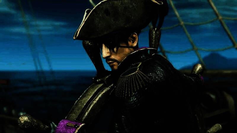 海盗船全速前进，船头劈开巨浪，天空乌云密布