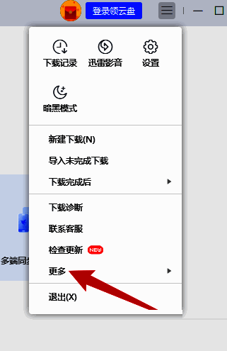 迅雷主界面右上角三条横线菜单按钮特写，界面清晰显示‘更多’选项位置