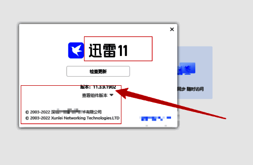 ‘关于迅雷’弹窗界面全貌，包含版本号、公司名称和版权声明等内容