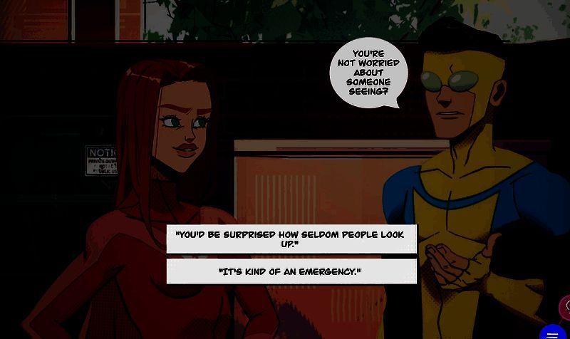 《无敌少侠:原子伊芙》游戏画面，主角Atom Eve身穿红色战衣，悬浮于城市上空准备战斗